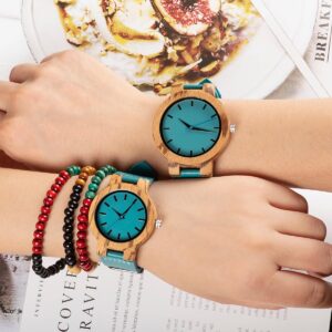 man and woman wooden watch in blue and wood color