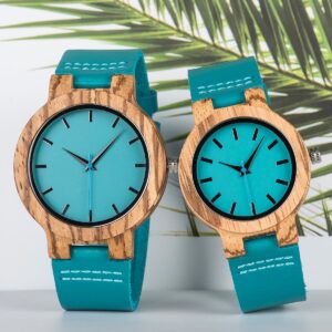 man and woman elegant turquoise wood watch