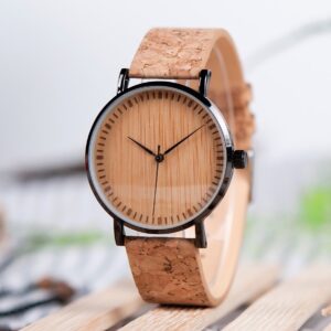 the front of a wood cork watch